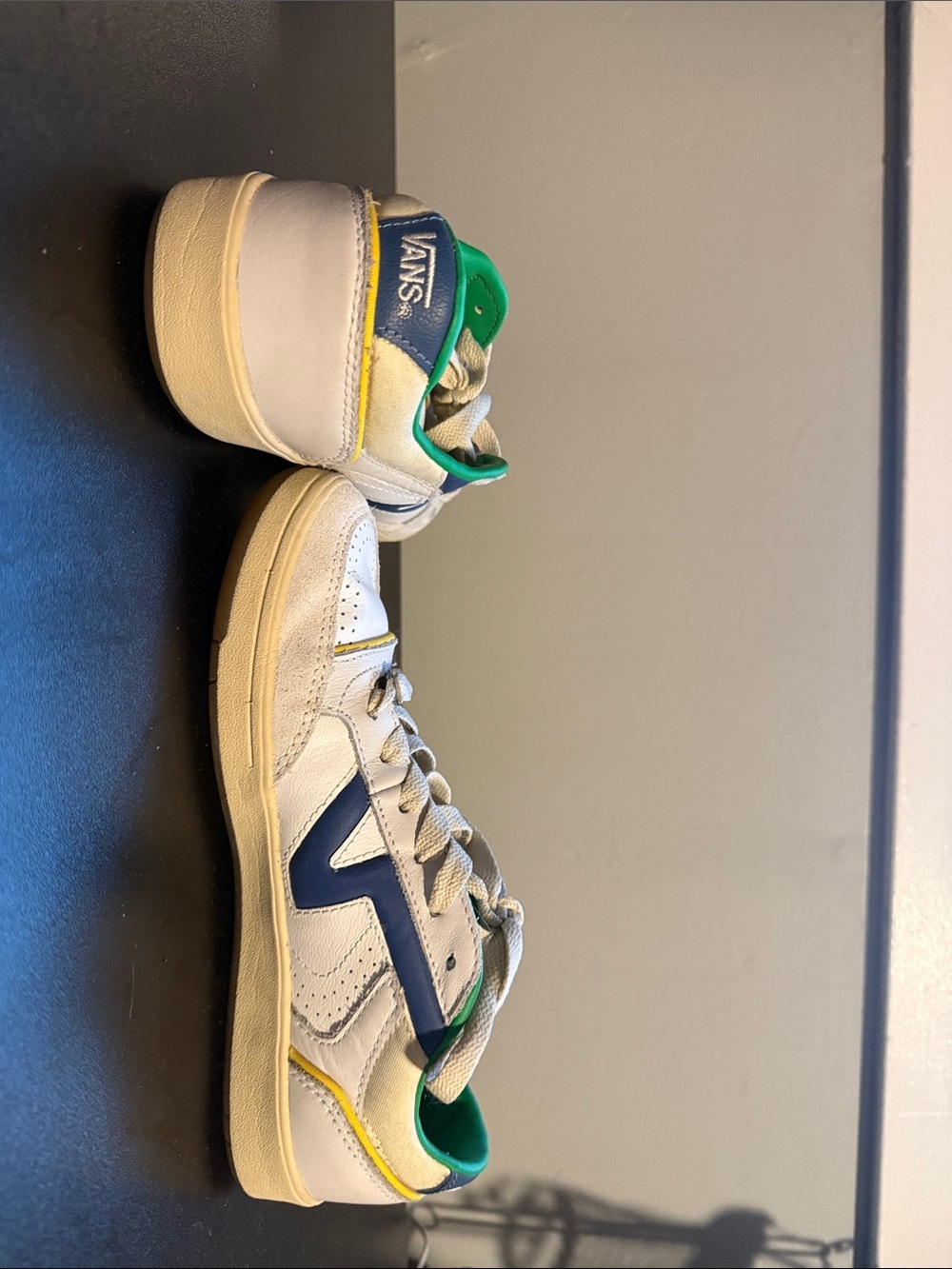 Vans White Sneakers with Navy V and Green Accent